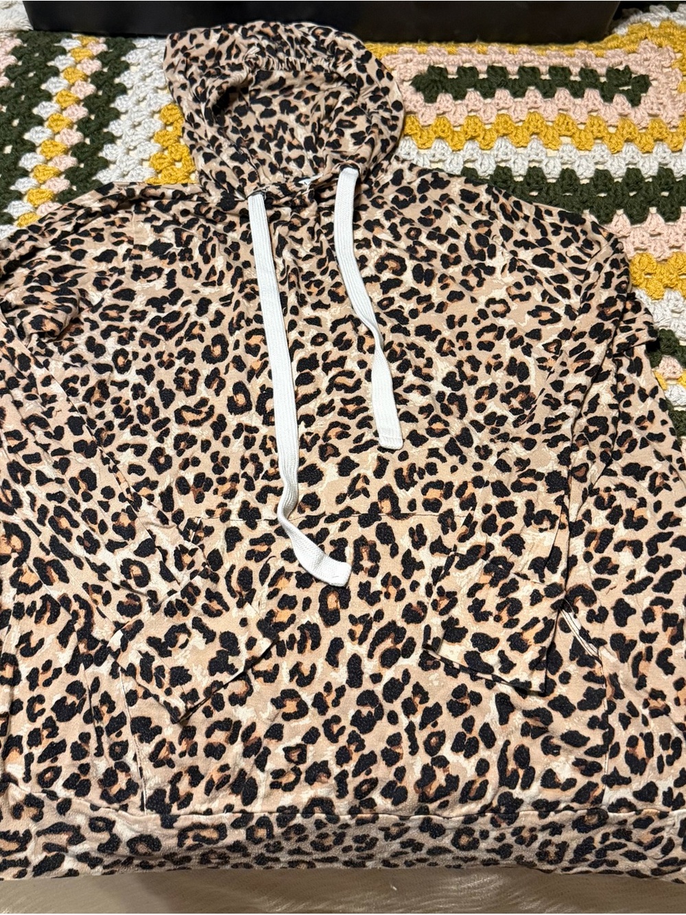 Leopard Print Hooded Pullover with Drawstring